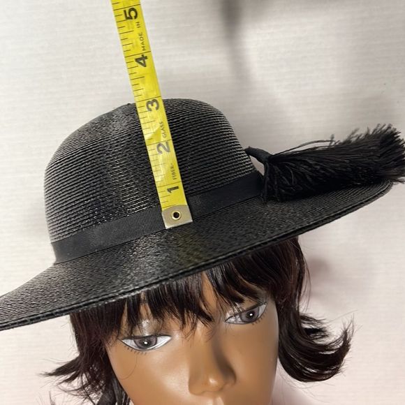 Vintage 60s Black Straw Hat with Feather Plume